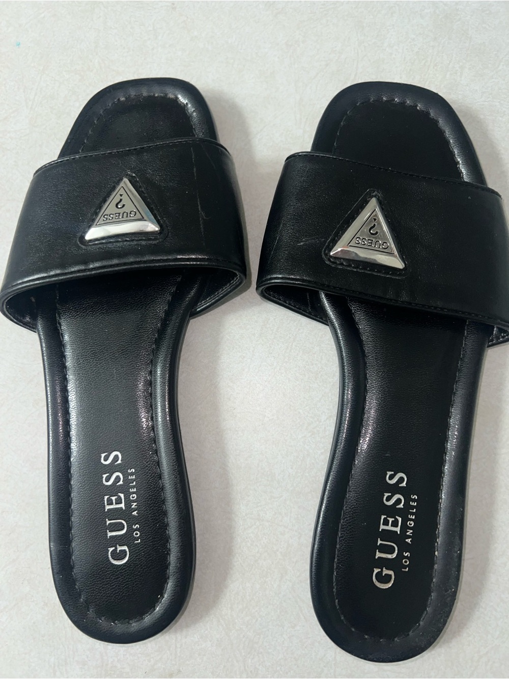 GUESS Black Slide Sandals with Silver Triangle Emblem